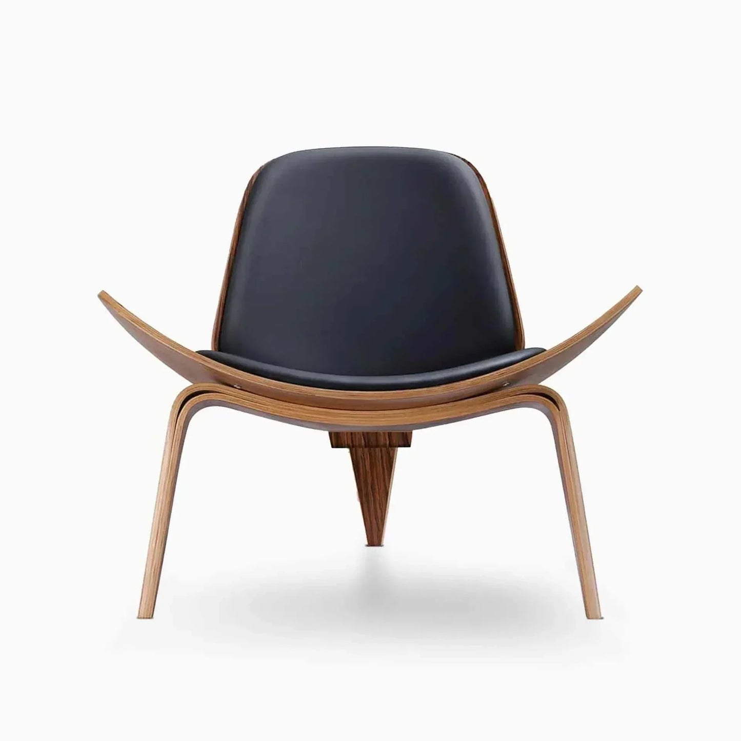 Sculptural Shell Lounge Chair – Genuine Leather & Curved Wood Accent Seat