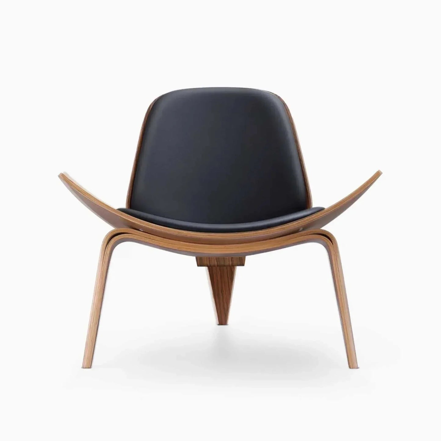 Sculptural Shell Lounge Chair – Genuine Leather & Curved Wood Accent Seat