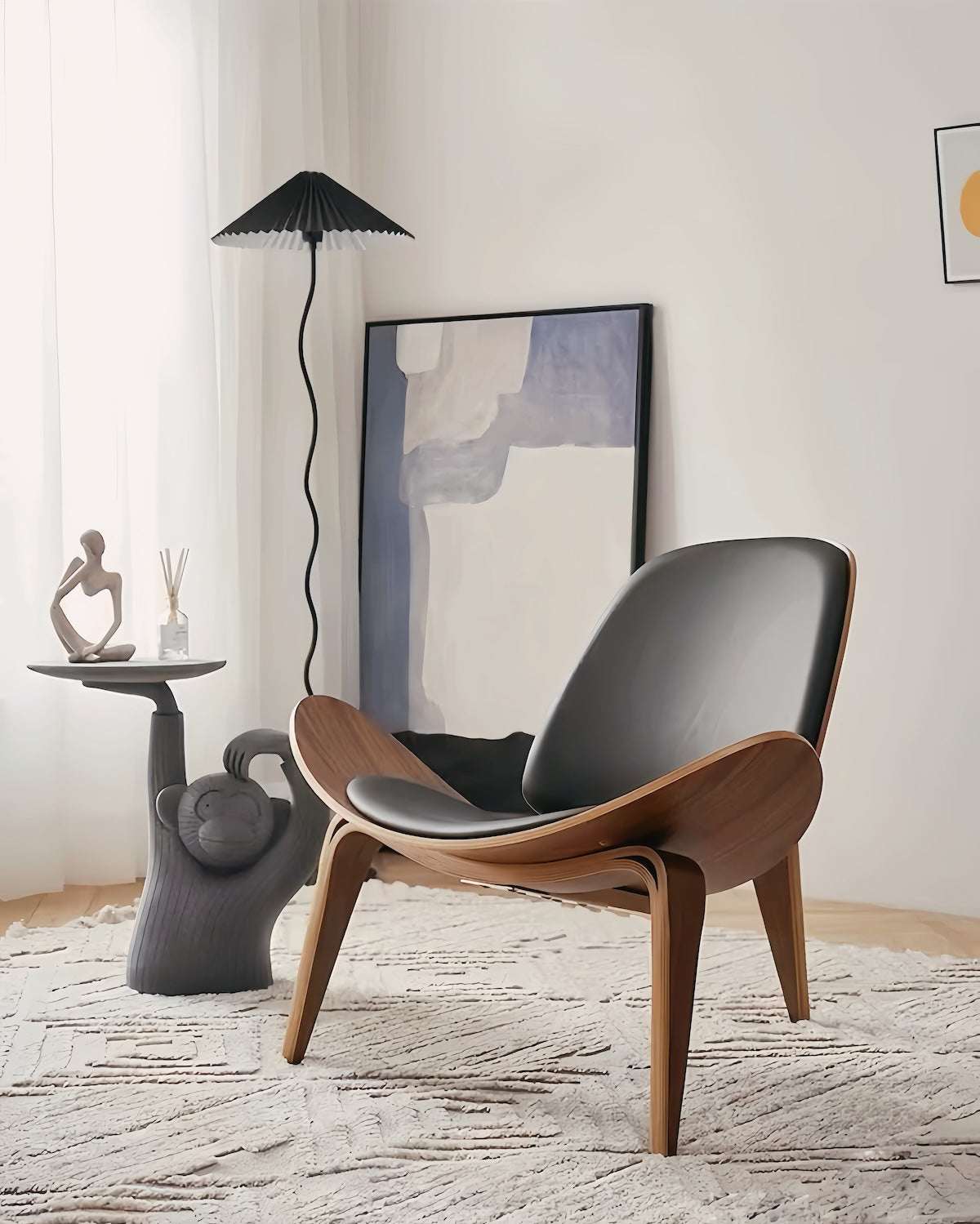 Sculptural Shell Lounge Chair – Genuine Leather & Curved Wood Accent Seat
