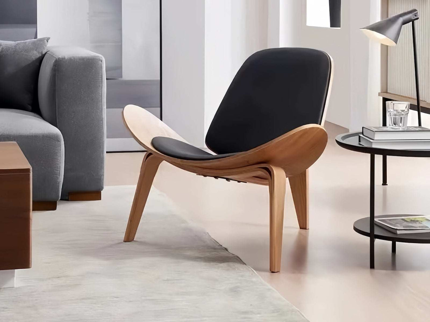 Sculptural Shell Lounge Chair – Genuine Leather & Curved Wood Accent Seat