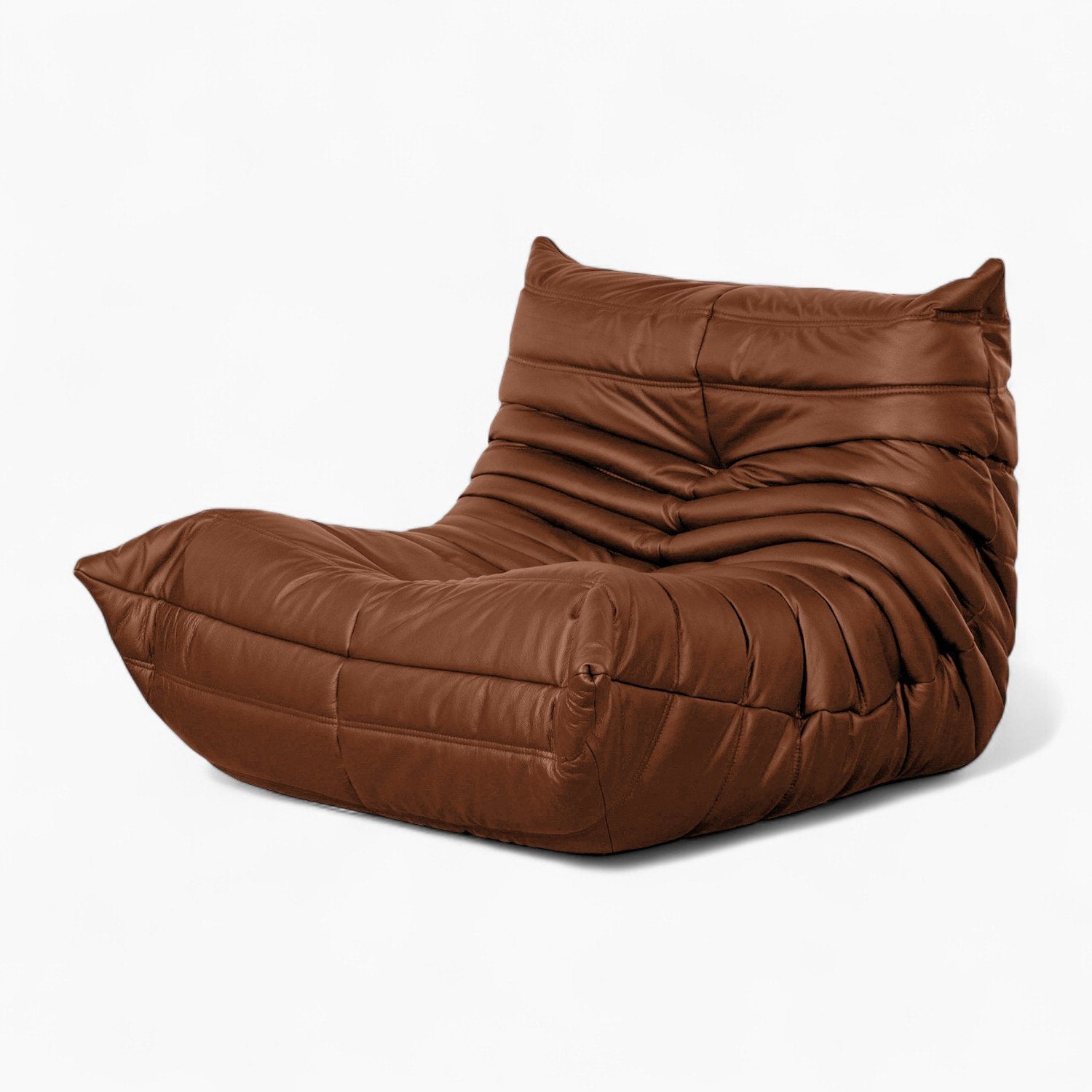 Caterpillar Leather Lounge Chair in rich brown leather with plush, armless, frameless design and tufted detailing