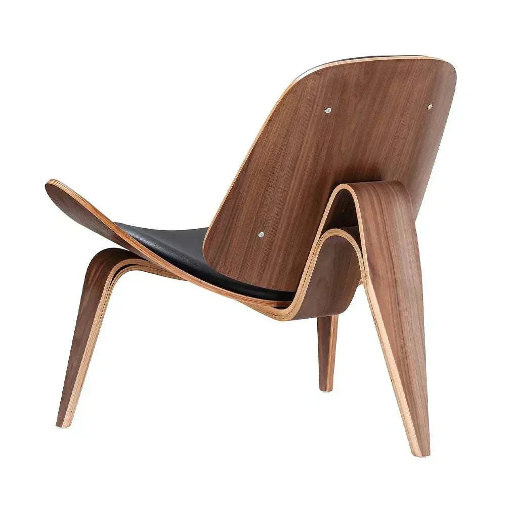 Sculptural Shell Lounge Chair – Genuine Leather & Curved Wood Accent Seat